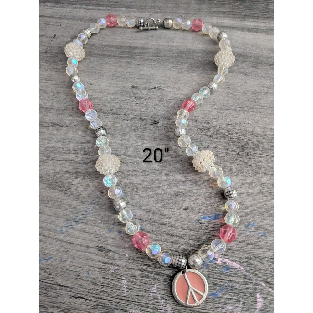 Pink Iridescent Beaded Peace Sign Pendant Necklace 20 Inch Silver Tone Y2K Style